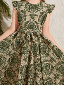 Tween Girl Vacation Style Round Neck Cap Sleeve Dress With Asymmetrical Hemline, Knee-Length - Green - View 6