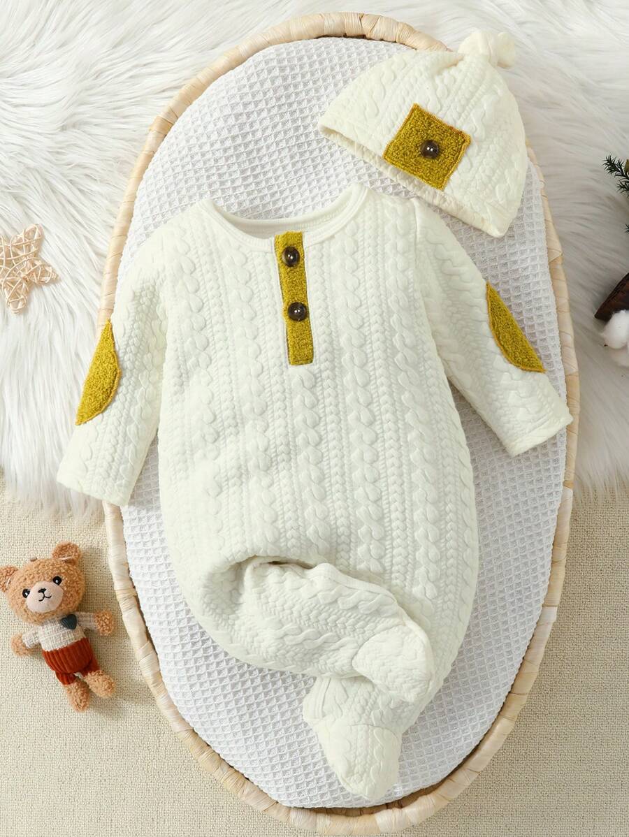 SHEIN Baby Boy Patchwork Footed Jumpsuit With Hat Pajama Set - Beige - View 1