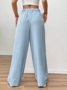 SHEIN EZwear بنطلون واسع بطبعة خطوط الصيف الساحلي الجميل للحفيدة - الأزرق - مشاهدة 2
