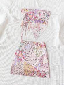 Soleia Knit Mesh Pink Patchwork Floral Tube Top With Drawstring, Slim Fit Mini Skirt - 2pcs Women's Casual Vacation Outfits - Pink - View 2