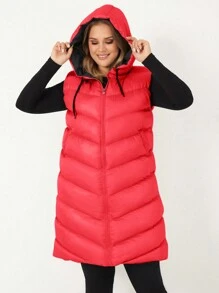 RueChic Plus Zip Up Drawstring Hooded Puffer Vest Coat - Red - View 4