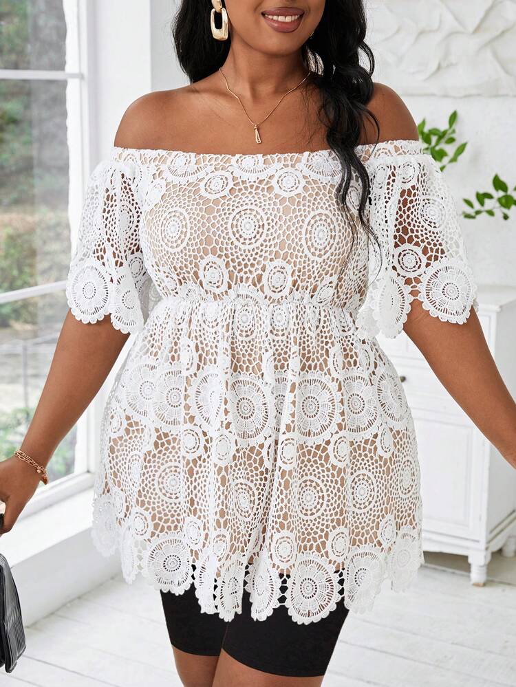 Plus Size Women's Elegant White Lace Off Shoulder Top With Waist Cincher, Summer