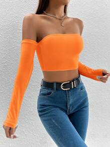 SHEIN PETITE Solid Off Shoulder Crop Off Shoulder Top - Orange - View 5