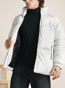 RueChic Men's Classic Letter Printed Zipper Front Stand Collar Winter Coat - White - View 5