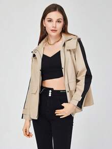 女士短款连帽休闲风衣夹克 - 駝色 - 查看 4