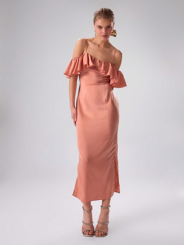 MUSERA Women Plain Color Ruffle Cold Shoulder Summer Long Dress Elegant Spring Vacation Party
