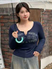 Dazy Petite Plus Plus Size Long Sleeve Jersey T-Shirt,Graphic Tees - Navy Blue - View 13