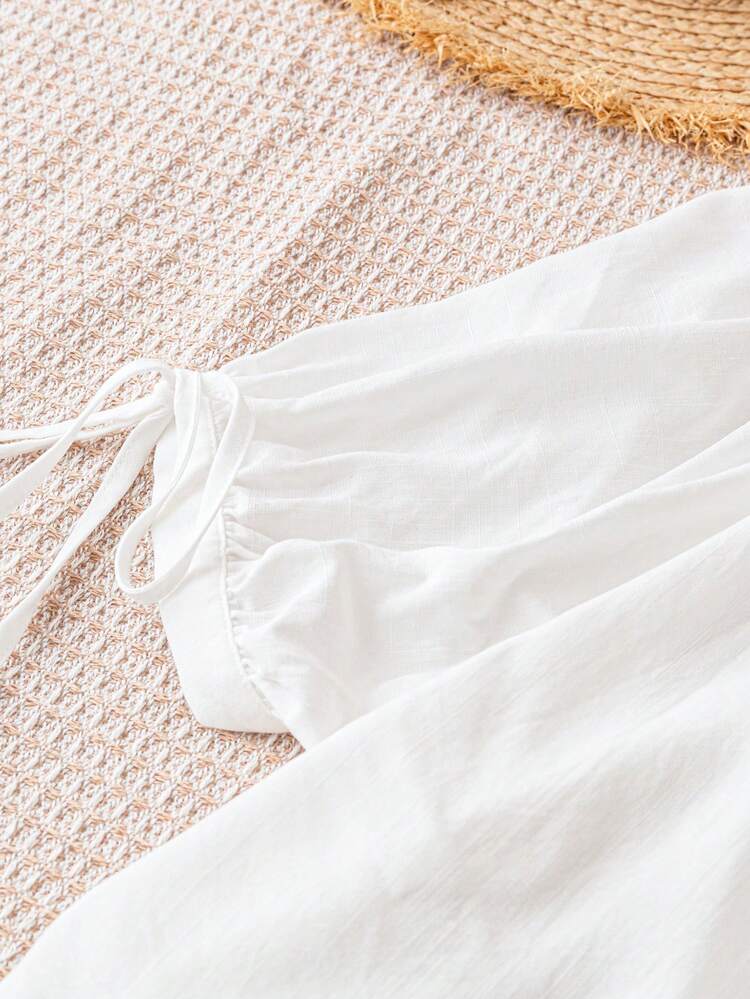 Women's Loose Fit White Shirt With Fringes, Tie Decoration, Round Neckline And Open Back, Suitable For Vacation, Summer, Romantic, Casual, Easter, Graduation Season, Back To School And Party Lunch