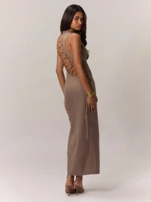 MUSERA 系带开衩下摆长款连衣裙，优雅春夏度假派对假日长裙 - 卡其色 - 查看 2