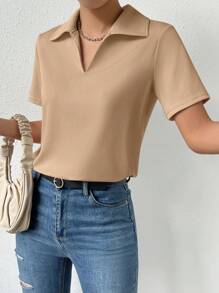 SHEIN ChicEase Camisa Polo casual para mujer de manga corta y unicolor de verano - Marrón - Ver 1