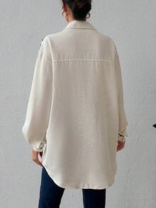 EURMUSE 100%Cotton Open Placket Blouse With Tassels And Tribe Print - Beige - View 2
