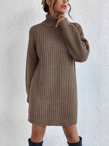 EURMUSE Women's Solid Color High Neck Raglan Sleeve Loose Casual Knit Sweater Dress, Autumn/Winter - Brown - View 4
