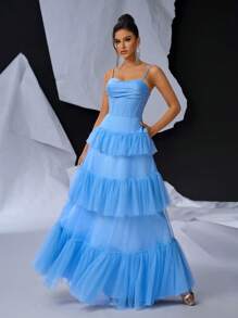 SHEIN Belle Chi tiết xương, Váy xếp tầng bằng vải tuyn xếp tầng cho váy dạ hội trang trọng dành cho nữ (Phiên bản nặng) Váy dạ hội trang trọng cho nữ - Màu xanh lam - Xem 4