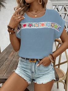 SHEIN LUNE Holiday Casual Crochet Patchwork Batwing Sleeve Shirt - Blue - View 4