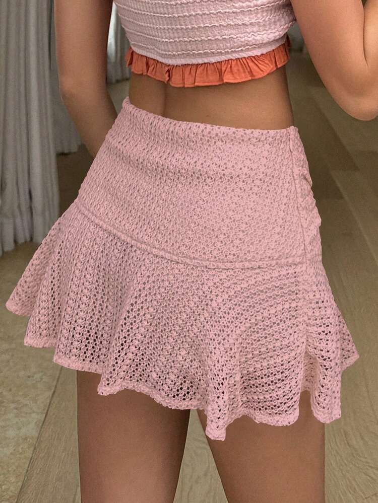 Solid Color Hollow Out Short Casual Skirt, Summer,Ruffle Low Rise