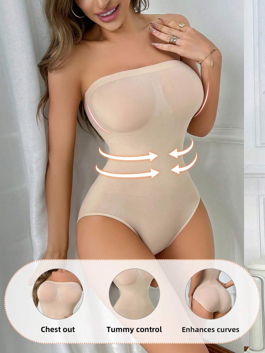SHEIN Women's Seamless Body Shaper Bodysuit, Solid Color, Slim Fit - Apricot - View 1
