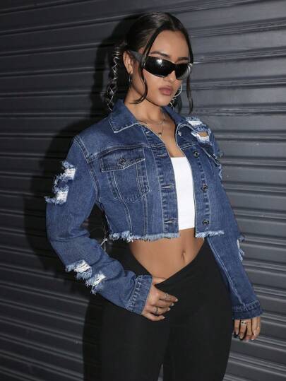 Jeanoix Casual Distressed Washed Denim Jacket With Frayed Hem, Cropped