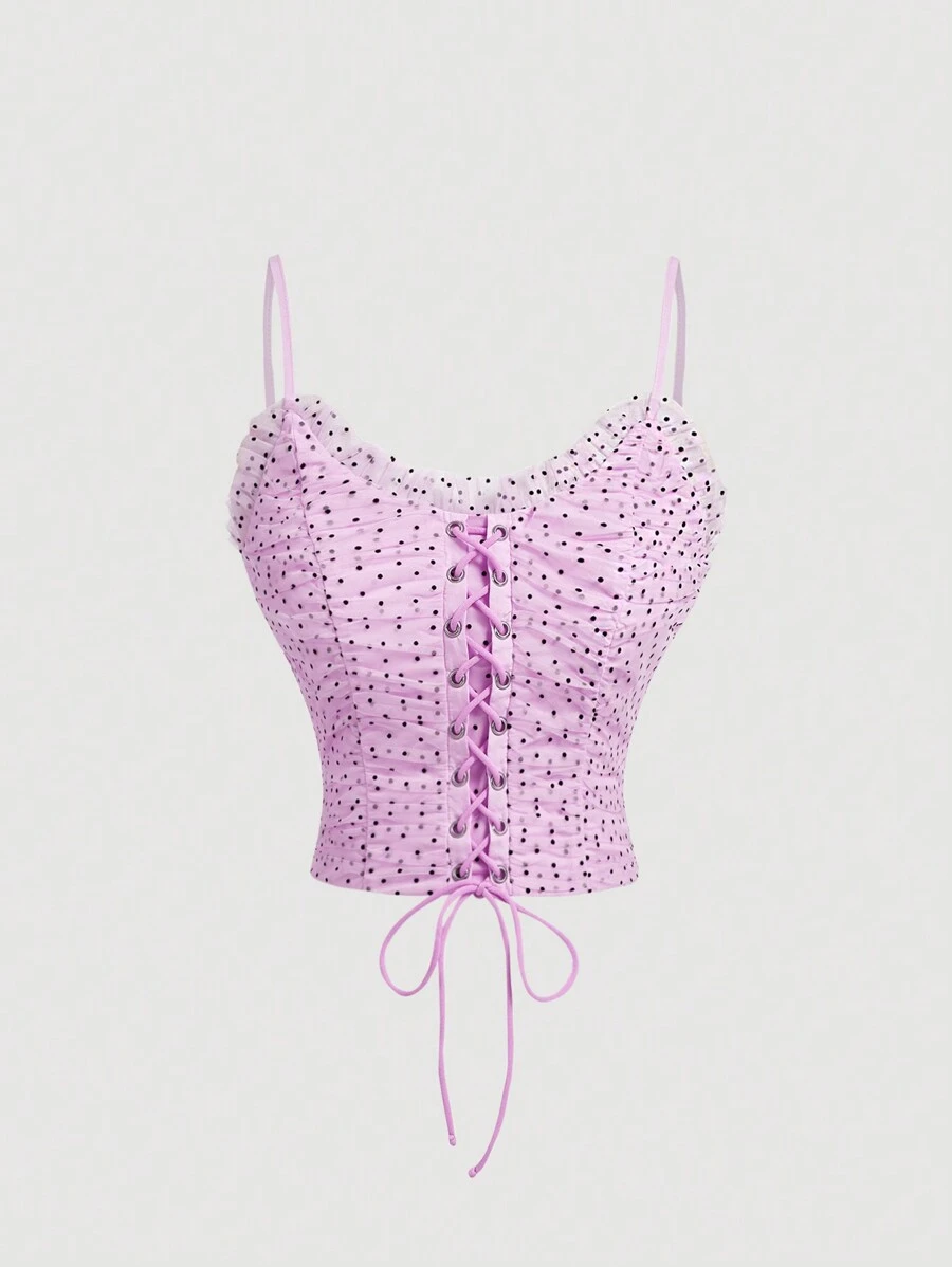 SHEIN MOD Summer Pink Sheer Top With Ruffle Neckline, Front Tie And Pleated Polka Dot Mesh Design - Pink - View 1