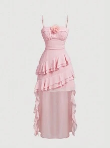 SHEIN MOD Gerafftes asymmetrisches Saumkleid mit dreidimensionaler Blumenapplikation für Hochzeiten, Abschlussbälle, Konzerte und Partys in Pink für Frauen. - Pink - Übersicht 1