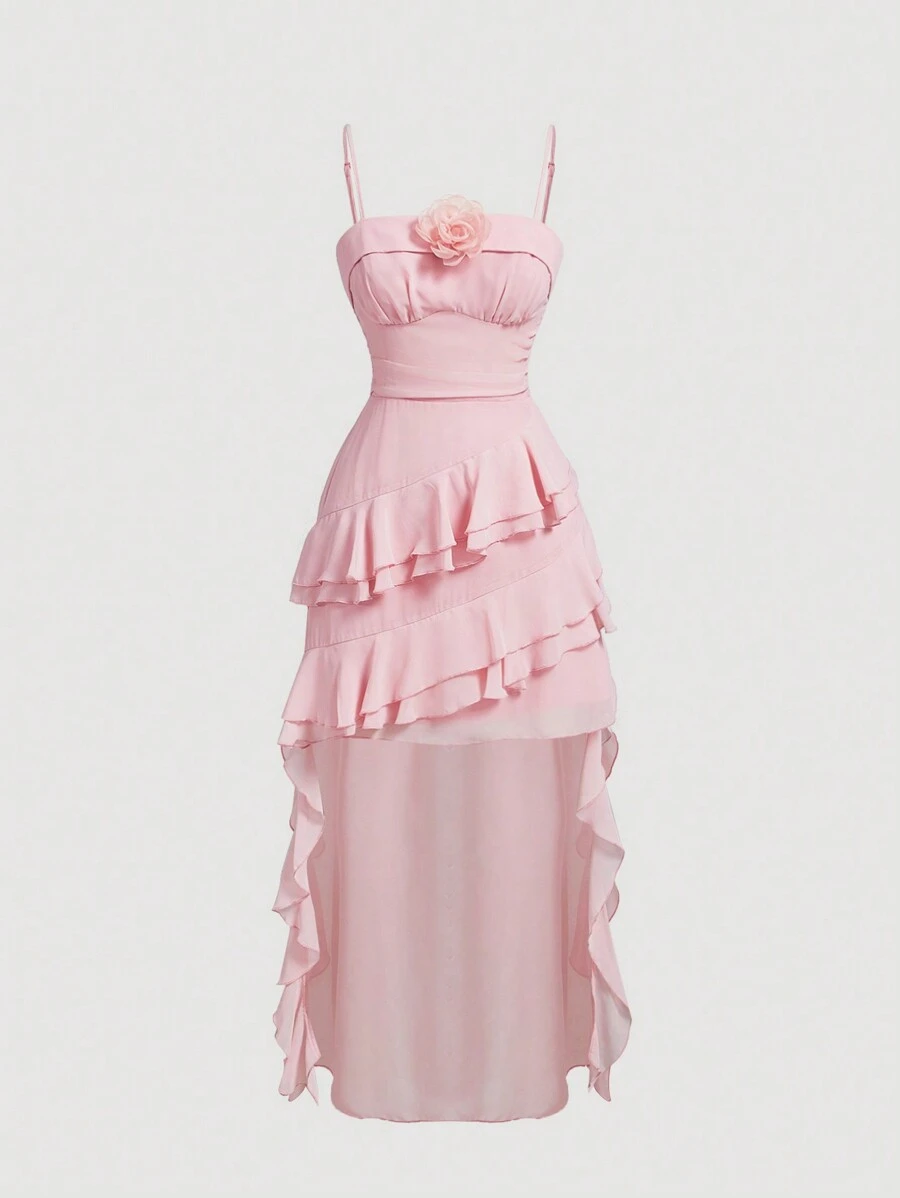 SHEIN MOD Gerafftes asymmetrisches Saumkleid mit dreidimensionaler Blumenapplikation für Hochzeiten, Abschlussbälle, Konzerte und Partys in Pink für Frauen. - Pink - Übersicht 1