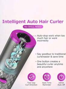 自動捲髮器，無線自動捲髮器，帶有6種溫度和定時器的陶瓷旋轉捲髮器，便攜式可充電捲髮棒，自動關機，快速加熱捲髮器，適用於造型 - 灰色 - 查看 9