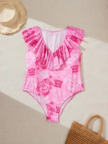 Mr Men Little Miss X SHEIN 大尺碼V領荷葉邊卡通圖案和字母圖形連體泳衣，夏季沙灘 - 彩色 - 查看 1
