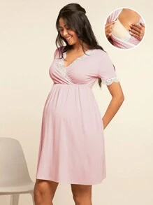SHEIN Maternity V-Neck Short Sleeve Nursing Dress With Contrast Lace