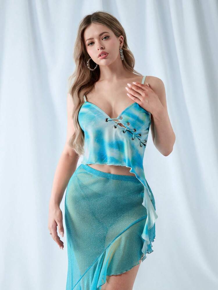 Women's Summer Asymmetrical Hem See Through Camisole, Ruffled Edge, Asymmetric Hem And Glitter Straps