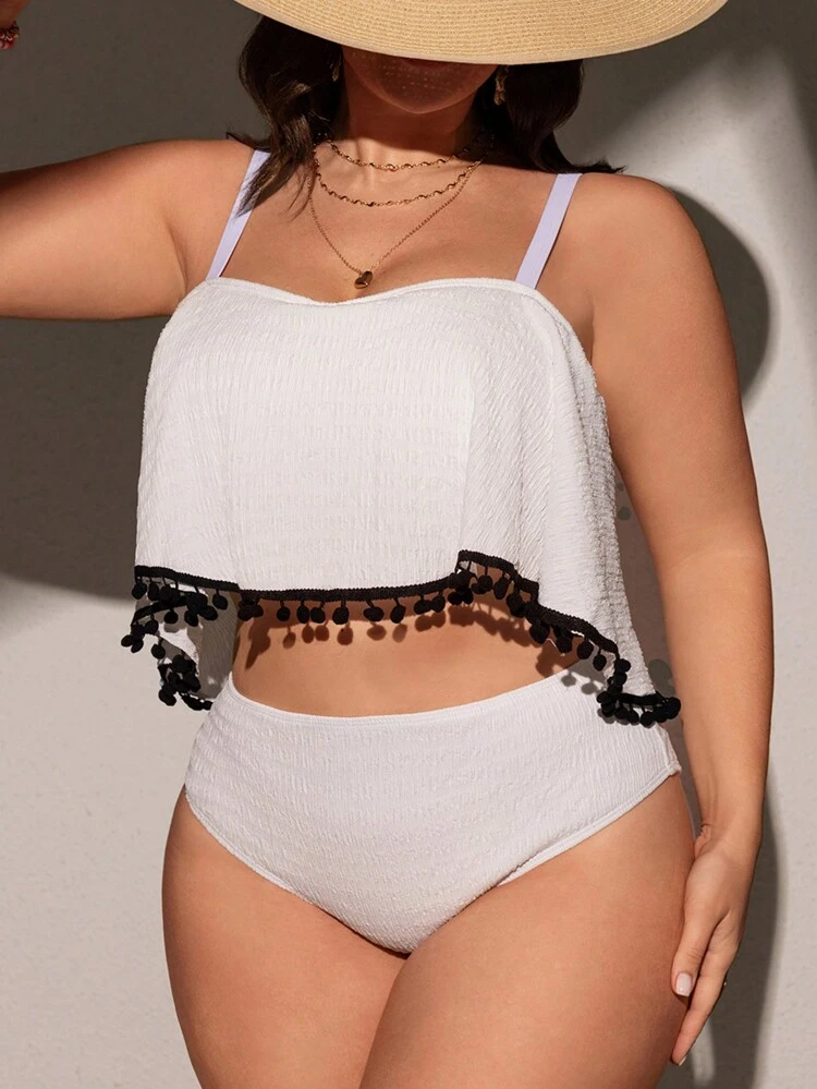 Plus Size Solid Color Special Fabric Ruffled Two-Piece Tankini, Top Style Tankini Summer