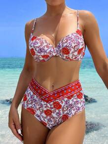 SHEIN Swim Women's Summer Beach Floral Print Sexy Bikini Set (Random Print) - Multicolor - View 2