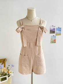 Soleia Women Casual Holiday Solid Color Dungarees Jumpsuit With Double Pockets - Apricot - View 3