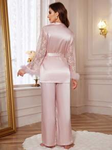 女士蕾丝拼接长袖睡衣套装，配腰带，秋冬服装