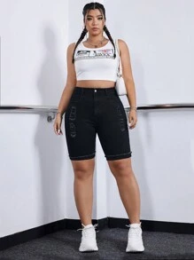 SHEIN ICON Plus Size Stretchy Distressed Denim Shorts With Washed Finish - Black - View 6
