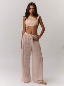 MUSERA 纹理条纹阔腿裤 优雅夏季性感时尚休闲 - 米色 - 查看 3