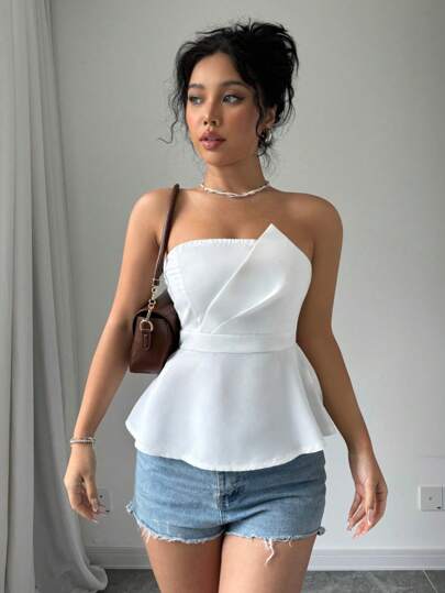 Selianne 女款純色荷葉邊無袖管扣上衣，夏季款