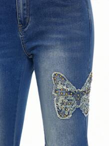 ROMWE Fairycore 女士复古蝴蝶铆钉串珠波西米亚风喇叭牛仔裤 - 藍色 - 查看 5