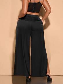 SHEIN BAE Plus Size Women's Elegant Solid Color Split Hem Dress Pants - Black - View 2