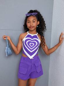 SHEIN Conjunto de tank top y shorts rectos de punto para niña preadolescente con estilo urbano y fresco, primavera/verano