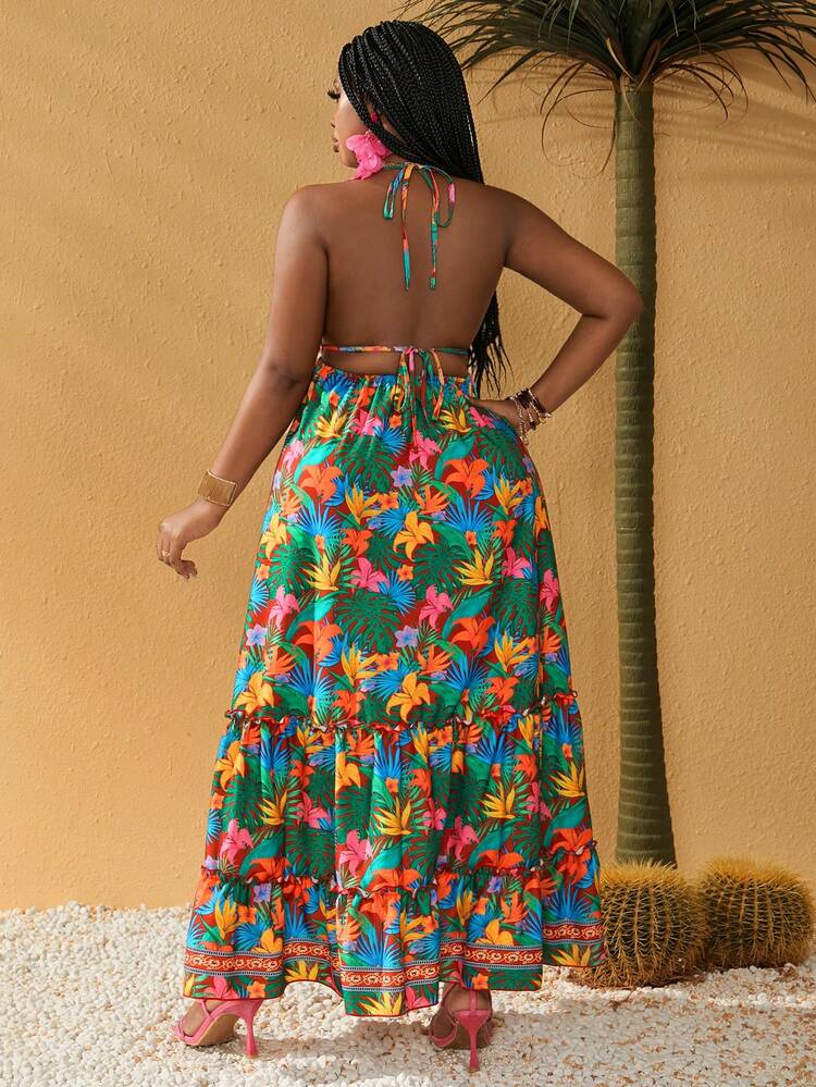 Plus Size Women's Summer Holiday Tropical Plant Print Halter Neck Tie-Up Long Dress