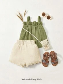 Cozy Pixies Baby Girl Solid Color Spaghetti Strap Top & Elastic Waist Casual Shorts 2pcs Set - Cadet Blue - View 1