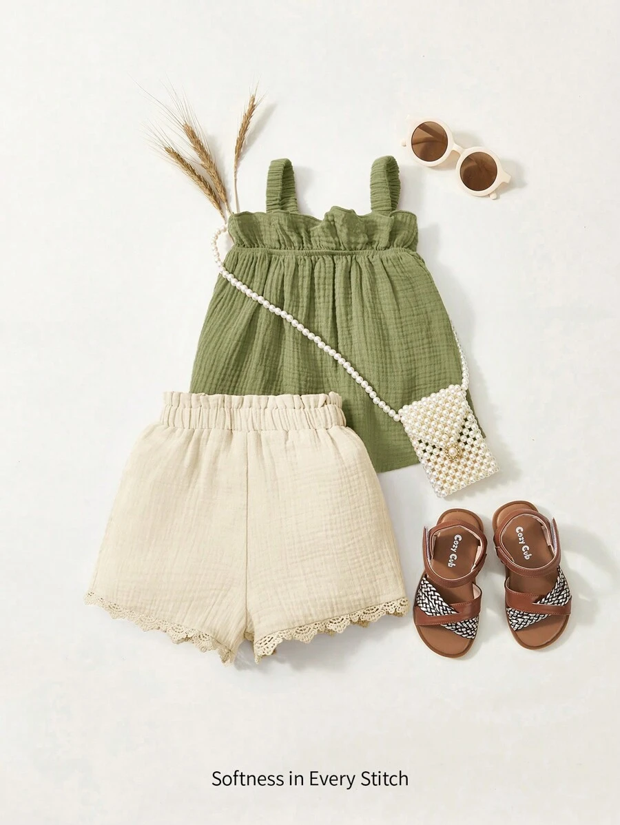 Cozy Pixies Baby Girl Solid Color Spaghetti Strap Top & Elastic Waist Casual Shorts 2pcs Set - Cadet Blue - View 1