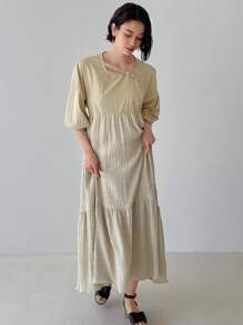 FRIFUL Women's Casual Solid Color Bishop Sleeve Dress With Ruffled Hem Sundress - Apricot - View 3