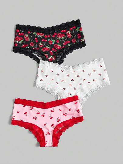 Kawaii 3pcs/Set Strawberry Cherry Printed Lace Trimmed Triangle Panties