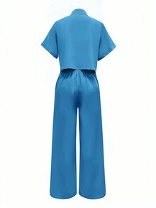2pcs Summer Casual Solid Color Utility Crop Shirt And Pants Set - Blue - View 2