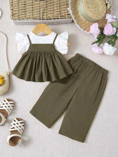 寶寶女孩休閒荷葉邊上衣，細肩帶上衣和彈性腰上褲3入組