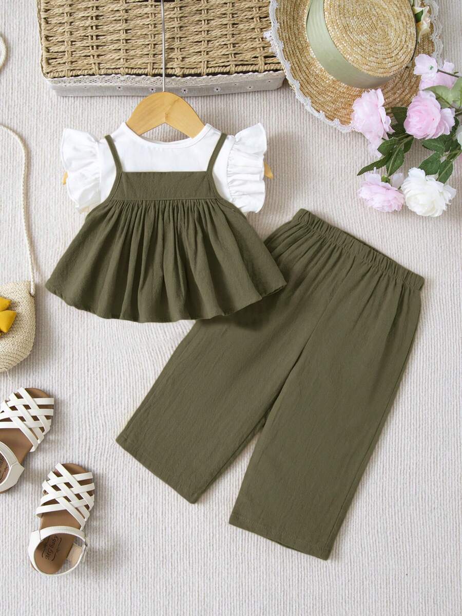 寶寶女孩休閒荷葉邊上衣，細肩帶上衣和彈性腰上褲3入組 - 橄欖綠 - 查看 1