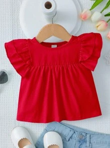 SHEIN Tween Girl Cute Tiered Frill Cap Sleeve T-Shirt With Round Neckline - Red - View 1