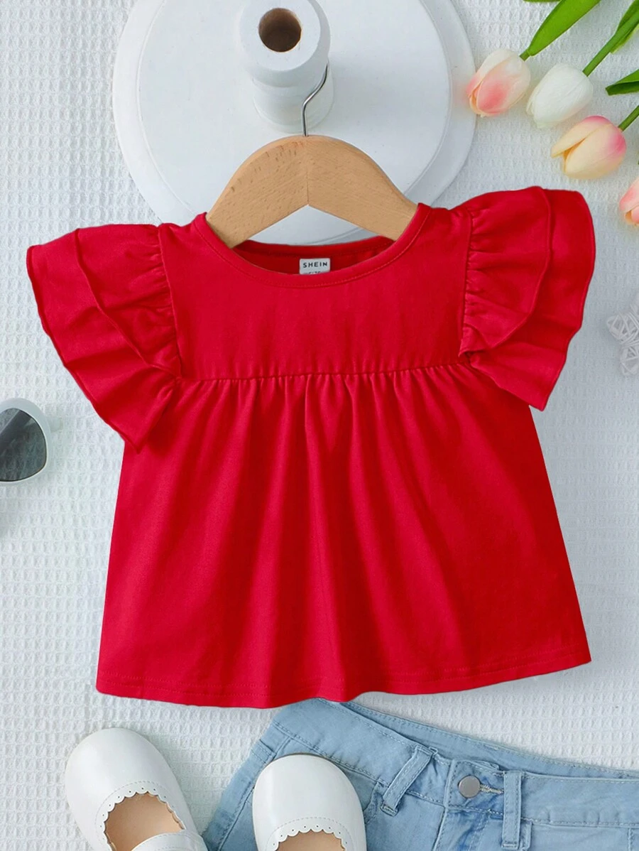 SHEIN Tween Girl Cute Tiered Frill Cap Sleeve T-Shirt With Round Neckline - Red - View 1