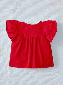 SHEIN Tween Girl Cute Tiered Frill Cap Sleeve T-Shirt With Round Neckline - Red - View 2