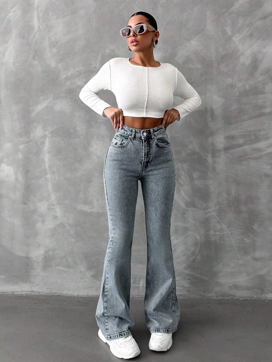 SHEIN Cottnline جينز ذو ساق متدلية ضيق وعادي - أزرق متوسط - مشاهدة 1